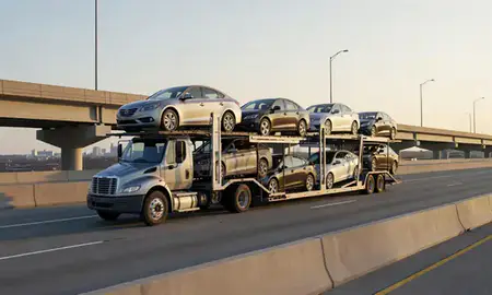 Car transporter with the Camden, Delaware, United States skyline behind it