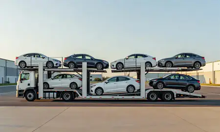 Car transporter parked in an industrial area of Claymont, Delaware, United States