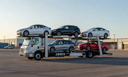 Car transporter loaded with vehicles in Claymont, Delaware, United States