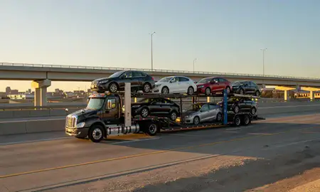Car transporter with the Claymont, Delaware, United States skyline behind it