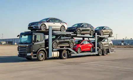 Car transporter loaded with vehicles in Clayton, Delaware, United States