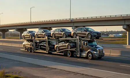 Car transporter with the Clayton, Delaware, United States skyline behind it
