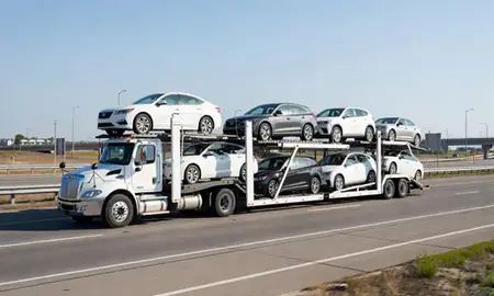 Multi-level car carrier on the highway to Dover Base Housing, Delaware, United States