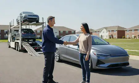 Vehicle owner beside their delivered car in Dover Base Housing, Delaware, United States