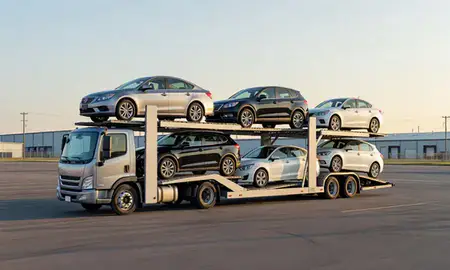 Car transporter loaded with vehicles in Dover Base Housing, Delaware, United States