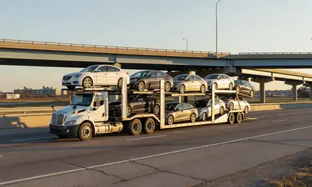 Car transporter with the Dover Base Housing, Delaware, United States skyline behind it