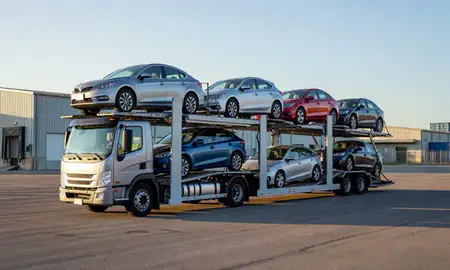 Car transporter loaded with vehicles in Dover, Delaware, United States