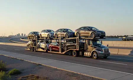 Car transporter with the Dover, Delaware, United States skyline behind it