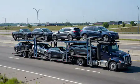 Multi-level car carrier on the highway to Edgemoor, Delaware, United States