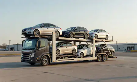 Car transporter loaded with vehicles in Edgemoor, Delaware, United States