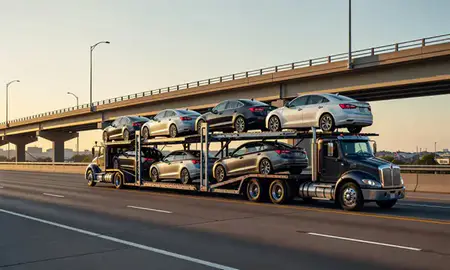 Car transporter with the Edgemoor, Delaware, United States skyline behind it