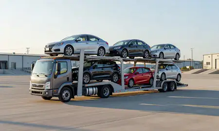 Car transporter loaded with vehicles in Elsmere, Delaware, United States