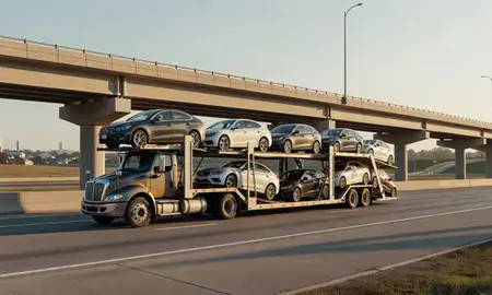 Car transporter with the Elsmere, Delaware, United States skyline behind it