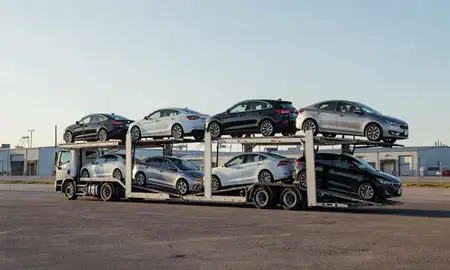 Car transporter loaded with vehicles in Georgetown, Delaware, United States