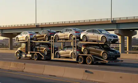Car transporter with the Georgetown, Delaware, United States skyline behind it