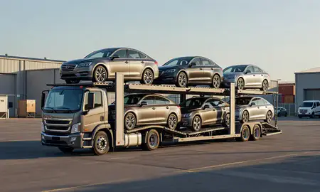 Car transporter loaded with vehicles in Glasgow, Delaware, United States