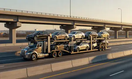 Car transporter with the Glasgow, Delaware, United States skyline behind it