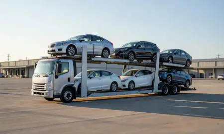 Car transporter loaded with vehicles in Harrington, Delaware, United States