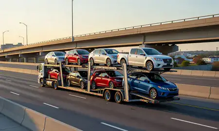 Car transporter with the Harrington, Delaware, United States skyline behind it