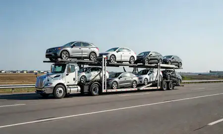Multi-level car carrier on the highway to Highland Acres, Delaware, United States