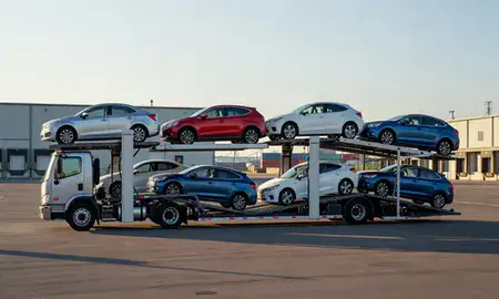 Car transporter loaded with vehicles in Highland Acres, Delaware, United States