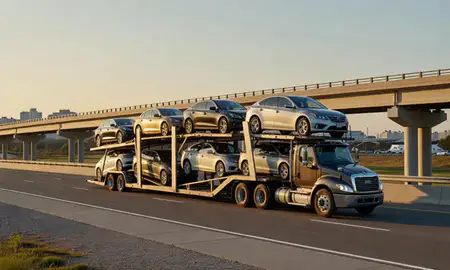 Car transporter with the Highland Acres, Delaware, United States skyline behind it