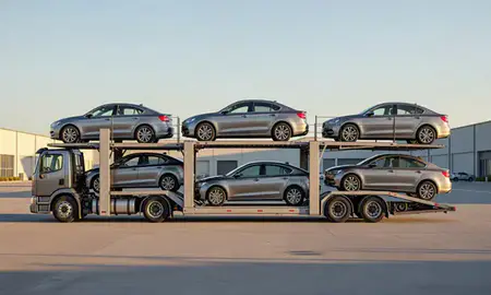 Car transporter parked in an industrial area of Hockessin, Delaware, United States