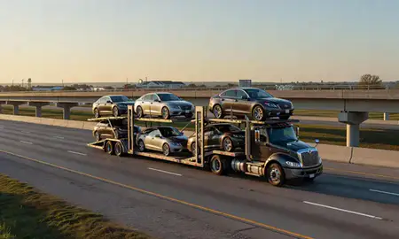 Car transporter with the Hockessin, Delaware, United States skyline behind it