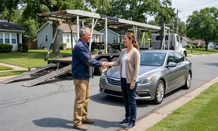 Vehicle owner beside their delivered car in Laurel, Delaware, United States
