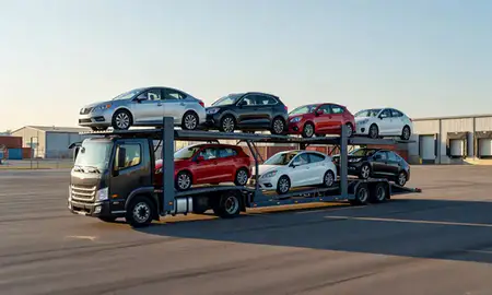 Car transporter loaded with vehicles in Laurel, Delaware, United States