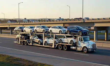 Car transporter with the Laurel, Delaware, United States skyline behind it