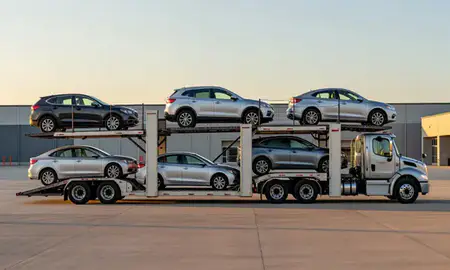 Car transporter parked in an industrial area of Lewes, Delaware, United States