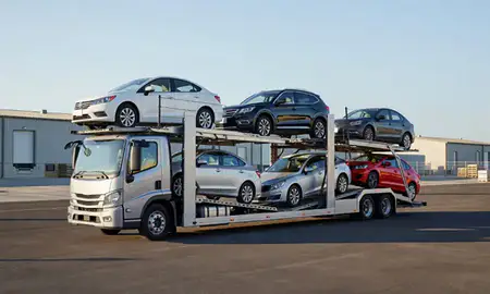 Car transporter loaded with vehicles in Lewes, Delaware, United States