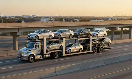 Car transporter with the Lewes, Delaware, United States skyline behind it