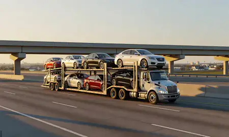 Car transporter with the Middletown, Delaware, United States skyline behind it