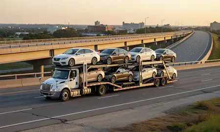 Car transporter with the Milford, Delaware, United States skyline behind it