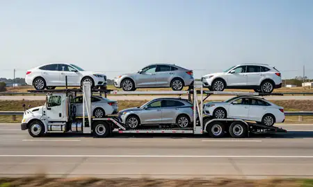 Multi-level car carrier on the highway to Millsboro, Delaware, United States