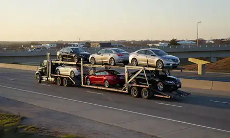 Car transporter with the Millsboro, Delaware, United States skyline behind it
