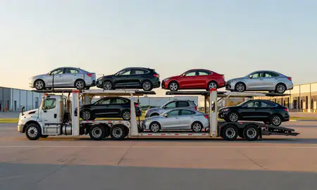 Car transporter parked in an industrial area of Milton, Delaware, United States