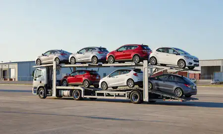 Car transporter loaded with vehicles in Milton, Delaware, United States