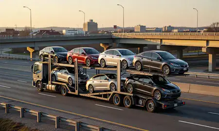 Car transporter with the Milton, Delaware, United States skyline behind it