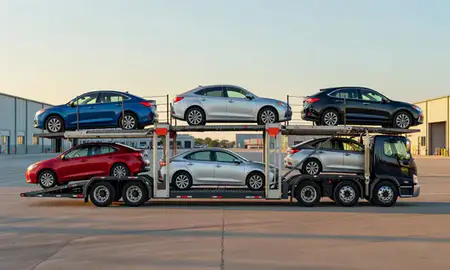 Car transporter parked in an industrial area of New Castle, Delaware, United States