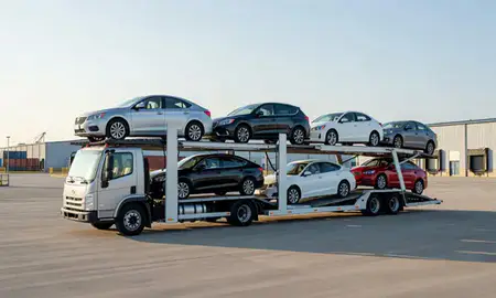 Car transporter loaded with vehicles in New Castle, Delaware, United States