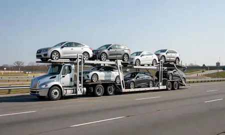 Multi-level car carrier on the highway to Newark, Delaware, United States