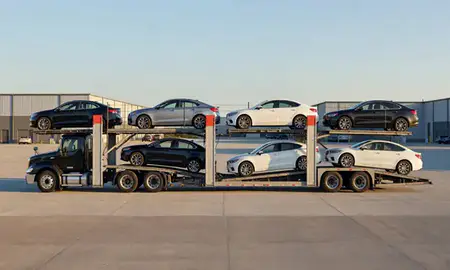 Car transporter parked in an industrial area of Newark, Delaware, United States