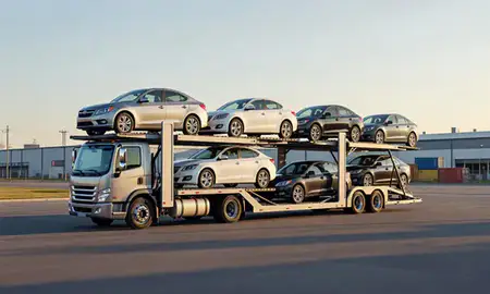 Car transporter loaded with vehicles in Newark, Delaware, United States