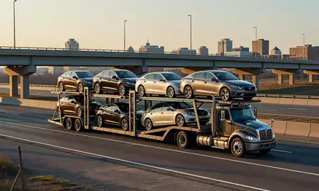 Car transporter with the Newark, Delaware, United States skyline behind it
