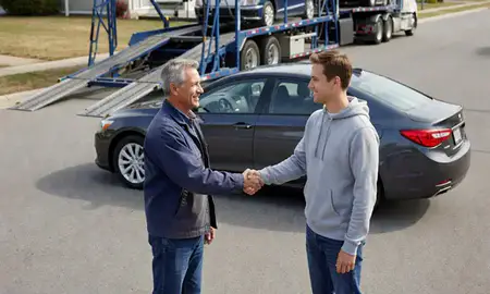 Vehicle owner beside their delivered car in North Star, Delaware, United States