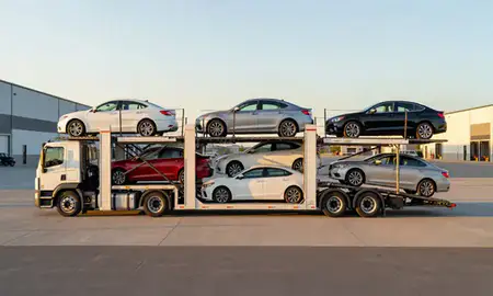 Car transporter parked in an industrial area of North Star, Delaware, United States