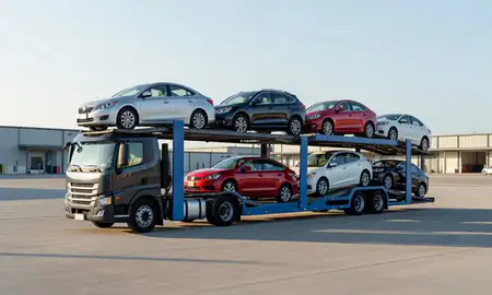 Car transporter loaded with vehicles in North Star, Delaware, United States